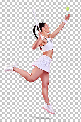 Buy stock photo Isolated tennis woman, jump and serve with ball, racket and power for game in profile by transparent png background. Girl, sports and training for contest, competition and workout for performance