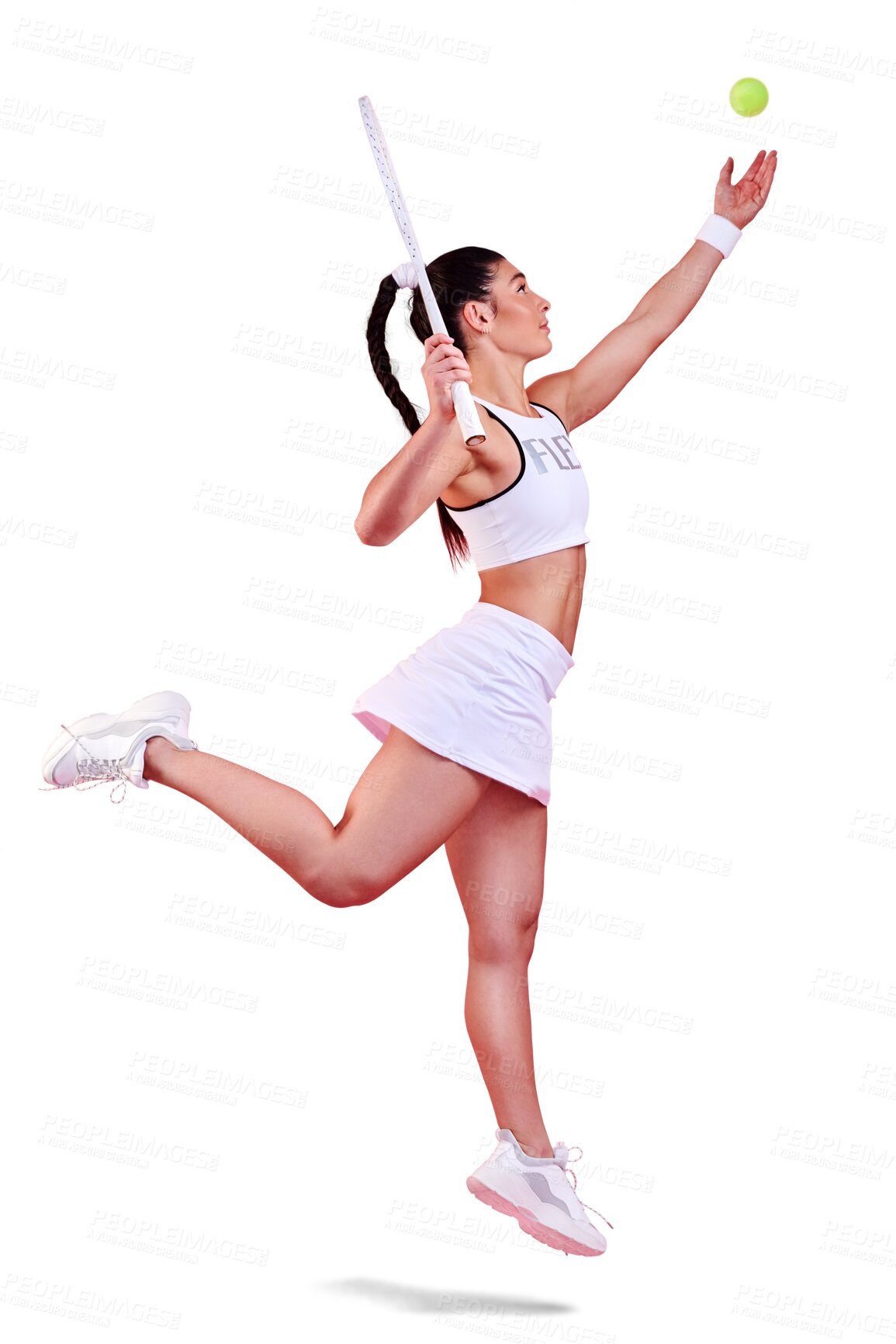 Buy stock photo Isolated tennis woman, jump and serve with ball, racket and power for game in profile by transparent png background. Girl, sports and training for contest, competition and workout for performance