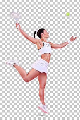 Buy stock photo Isolated tennis woman, jump and racket with serve, ball or power at game in profile by transparent png background. Athlete girl, sport or training for contest, competition or fitness for healthy body