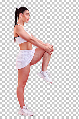 Buy stock photo Tennis player, woman or stretching legs for fitness or wellness isolated on a transparent png background. Full body, profile or healthy girl in muscle warm up for training, sports workout or exercise