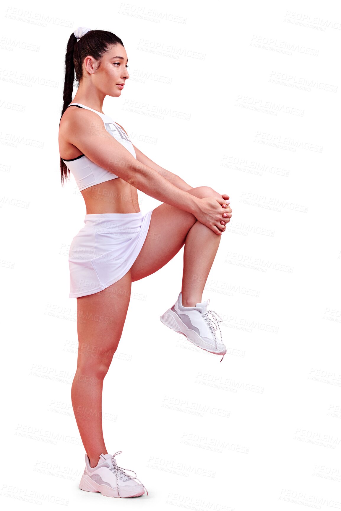 Buy stock photo Tennis player, woman or stretching legs for fitness or wellness isolated on a transparent png background. Full body, profile or healthy girl in muscle warm up for training, sports workout or exercise