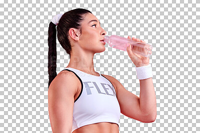 Buy stock photo Isolated tennis woman, drinking water or fitness for thinking, health or profile by transparent png background. Young athlete girl, sports or bottle for hydration, mindset and detox for performance