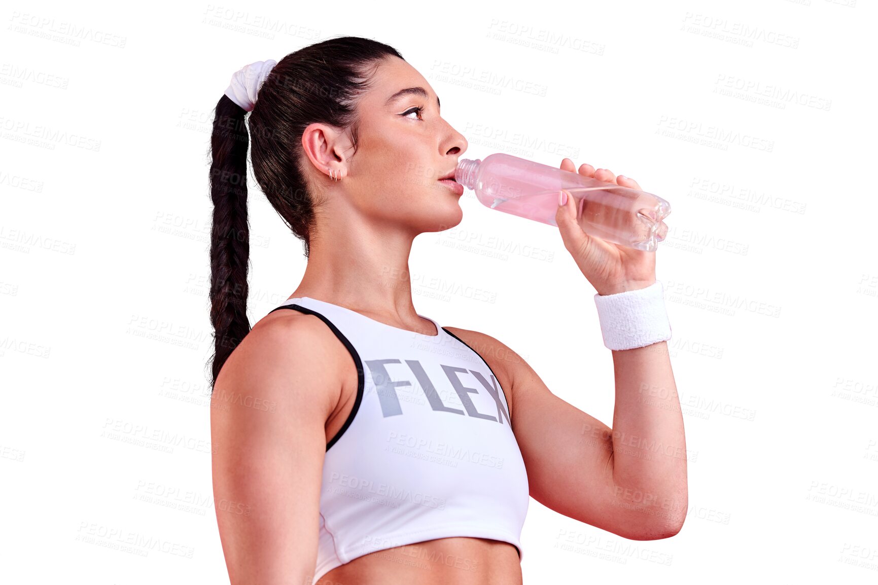 Buy stock photo Isolated tennis woman, drinking water or fitness for thinking, health or profile by transparent png background. Young athlete girl, sports or bottle for hydration, mindset and detox for performance