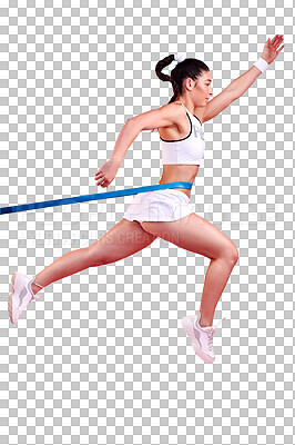 Buy stock photo Jump, fitness and woman with sports, challenge and healthy girl isolated against a transparent background. Female person, model and athlete training, png and band for endurance, workout and wellness