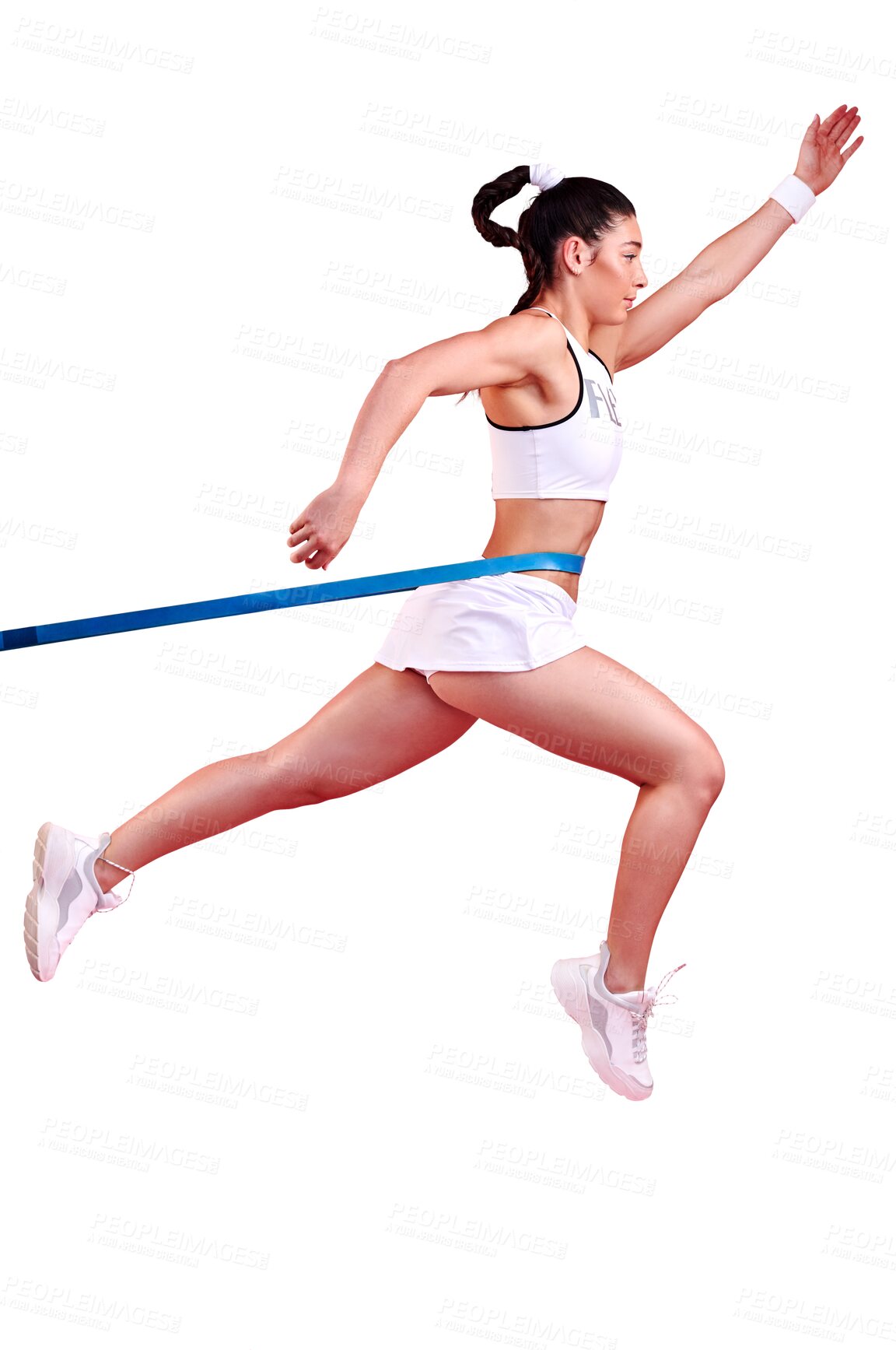 Buy stock photo Jump, fitness and woman with sports, challenge and healthy girl isolated against a transparent background. Female person, model and athlete training, png and band for endurance, workout and wellness