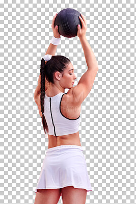 Buy stock photo Fitness, woman and medicine ball for wellness in sport for png or isolated and transparent background. Female athlete, workout and body goal with equipment for training or cardio for muscles at gym