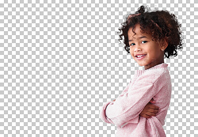 Buy stock photo Portrait, child and happy girl with arms crossed isolated on a transparent png background. Face, happy and confident kid in casual clothes for fashion, style and cute with positive mindset in Brazil.