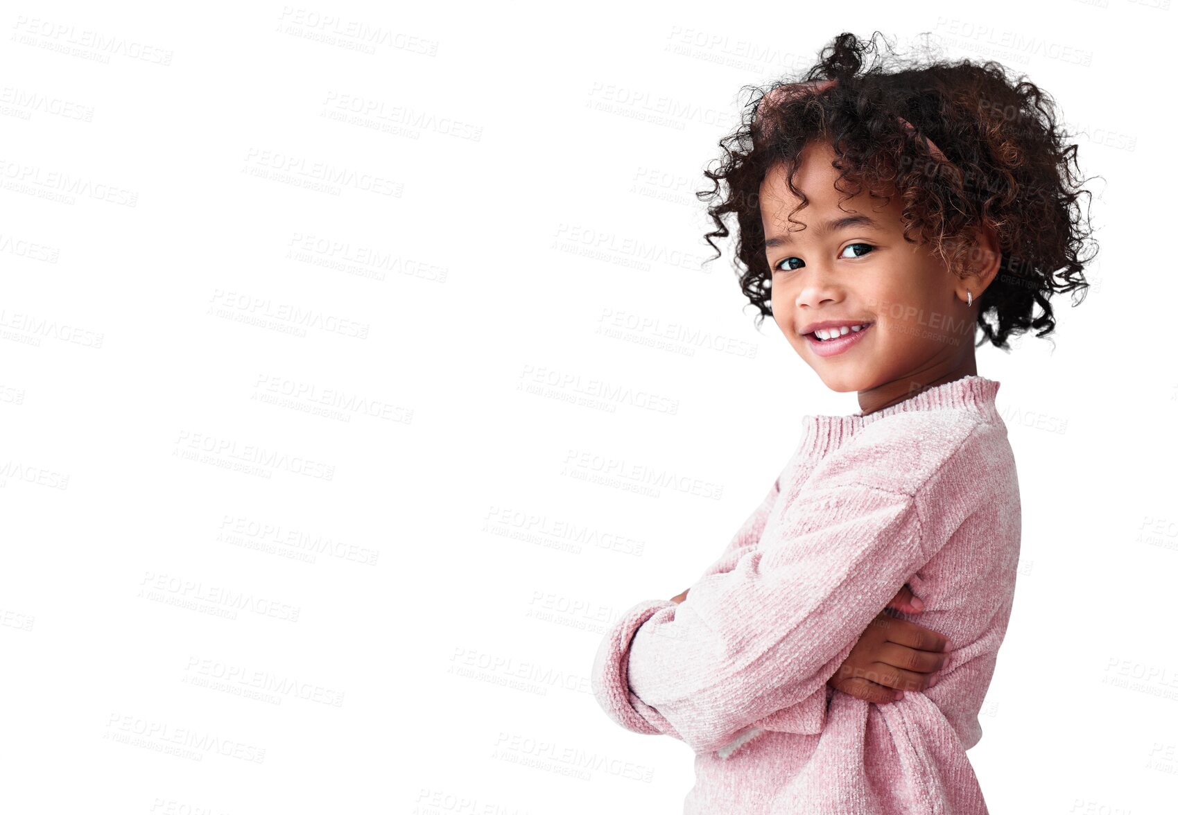 Buy stock photo Portrait, child and happy girl with arms crossed isolated on a transparent png background. Face, happy and confident kid in casual clothes for fashion, style and cute with positive mindset in Brazil.