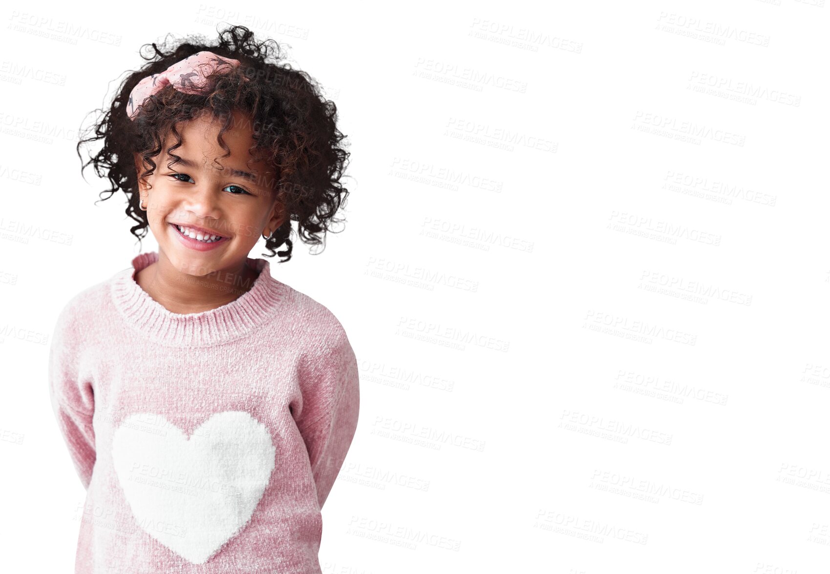 Buy stock photo Young girl, child and smile in portrait, cute and curly hair with winter fashion isolated on png transparent background. Happy, Mexican female kid and hairstyle with warm pink clothes and youth