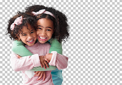 Buy stock photo Girls, sibling and hug with happiness in portrait or png with isolated and transparent background. Love, kid and together with embrace or care and smile for trust or bonding to play with friends.