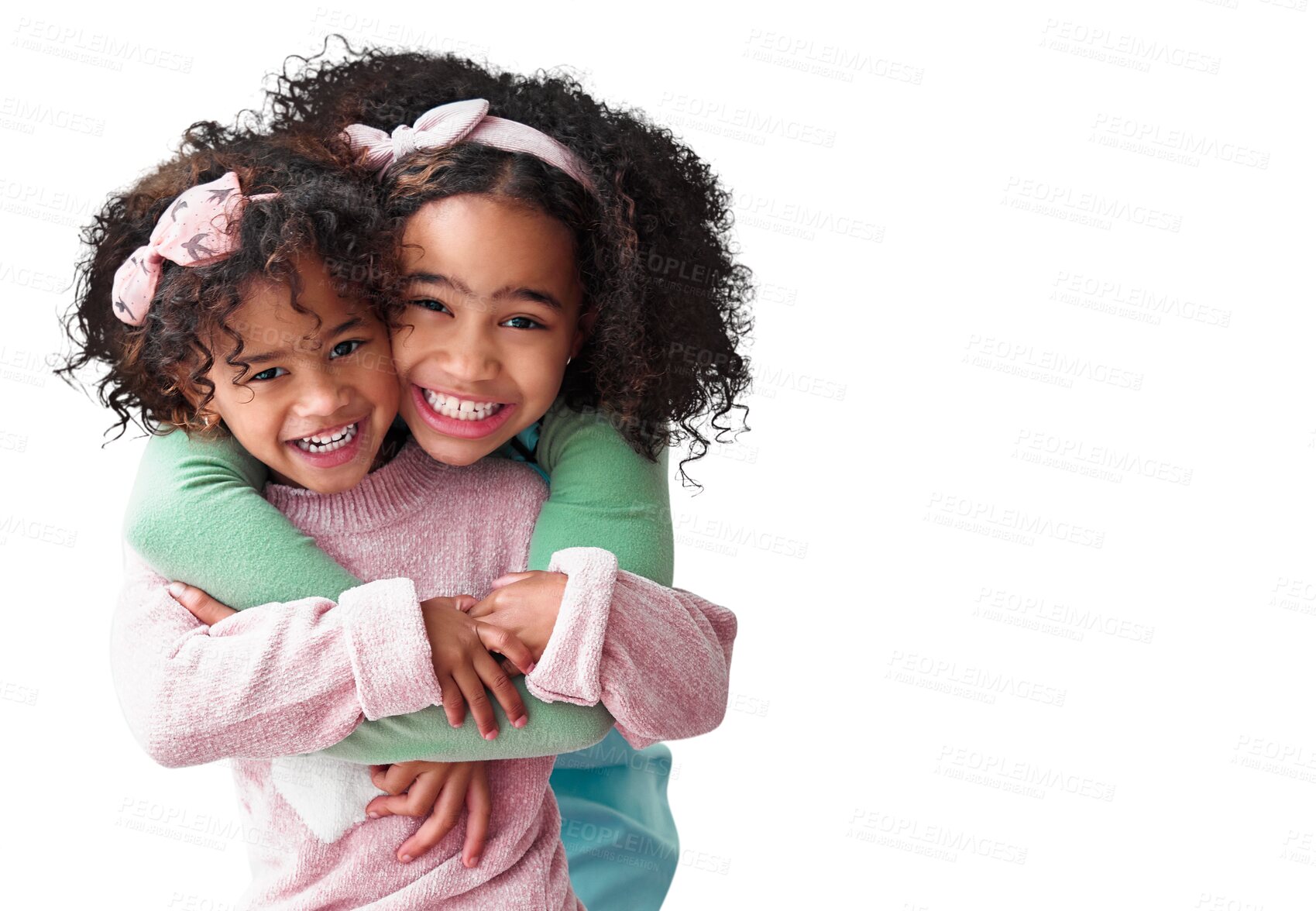 Buy stock photo Girls, sibling and hug with happiness in portrait or png with isolated and transparent background. Love, kid and together with embrace or care and smile for trust or bonding to play with friends.