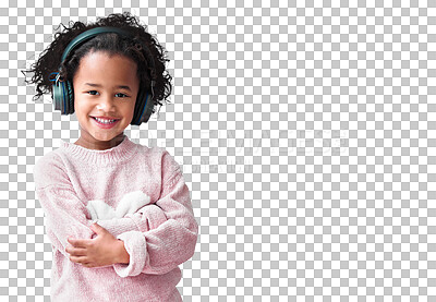 Buy stock photo Girl child, headphones and portrait with arms crossed, smile and isolated by transparent png background. Happy African kid, audio tech and streaming service for music, listening and childhood fashion