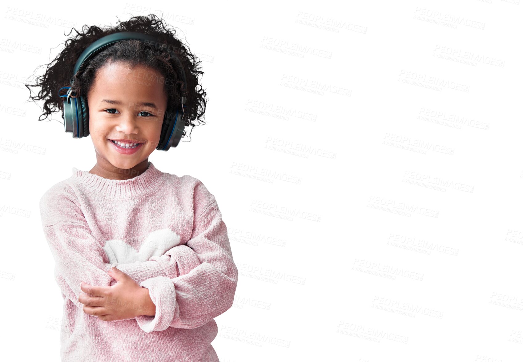 Buy stock photo Girl child, headphones and portrait with arms crossed, smile and isolated by transparent png background. Happy African kid, audio tech and streaming service for music, listening and childhood fashion