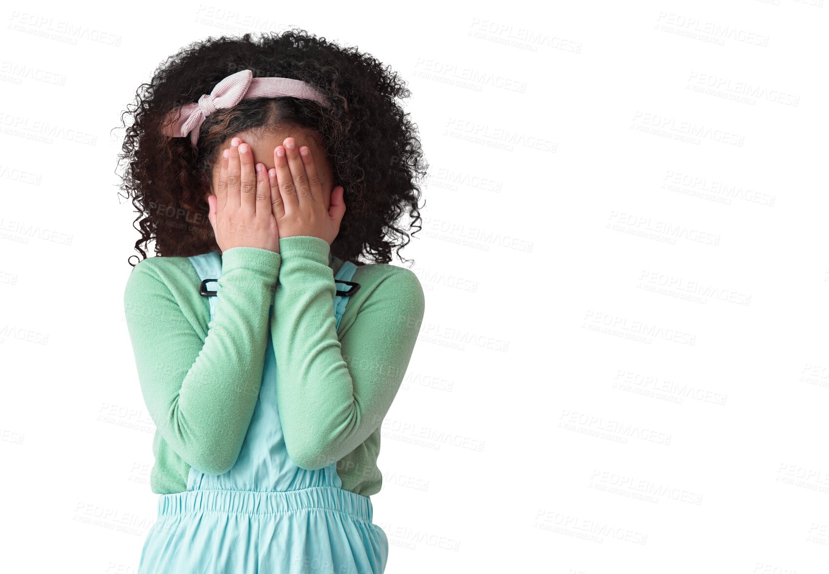 Buy stock photo Young girl, child covering face and hiding, playful or fear in casual clothes isolated on transparent png background. Shy, embarrassed and scared, female kid play and trendy fashion with curly hair