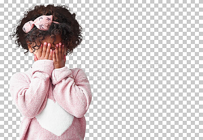 Buy stock photo Shy, girl and hands on face with kid in png or isolated and transparent background with guilt. Child, mistake and youth with hide and seek with fear or sad with emotion for games with surprise.