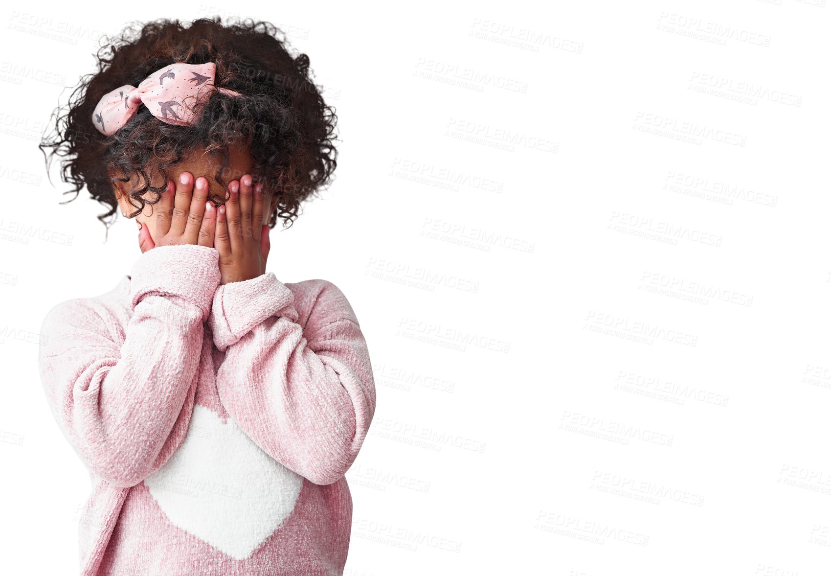 Buy stock photo Shy, girl and hands on face with kid in png or isolated and transparent background with guilt. Child, mistake and youth with hide and seek with fear or sad with emotion for games with surprise.