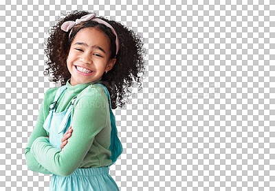 Buy stock photo Happy portrait, child and girl with arms crossed for kindergarten fashion and excited for education. Face of african kid in trendy clothes for back to school isolated on transparent, png background