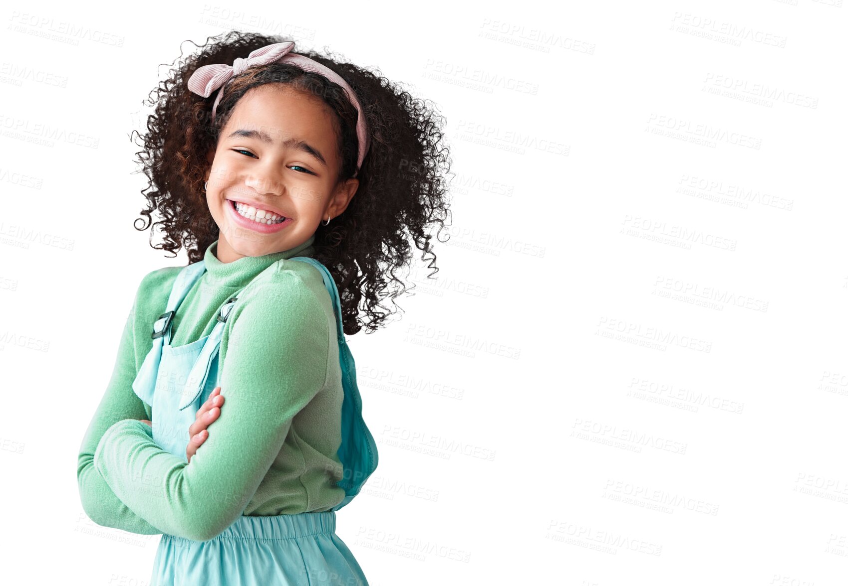 Buy stock photo Happy portrait, child and girl with arms crossed for kindergarten fashion and excited for education. Face of african kid in trendy clothes for back to school isolated on transparent, png background