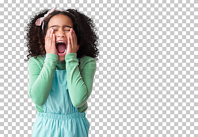 Buy stock photo Girl, surprise and secret with kid, scream and news isolated against a transparent background. Female child, toddler or model with png, shocked or yelling with facial expression, frustrated and emoji