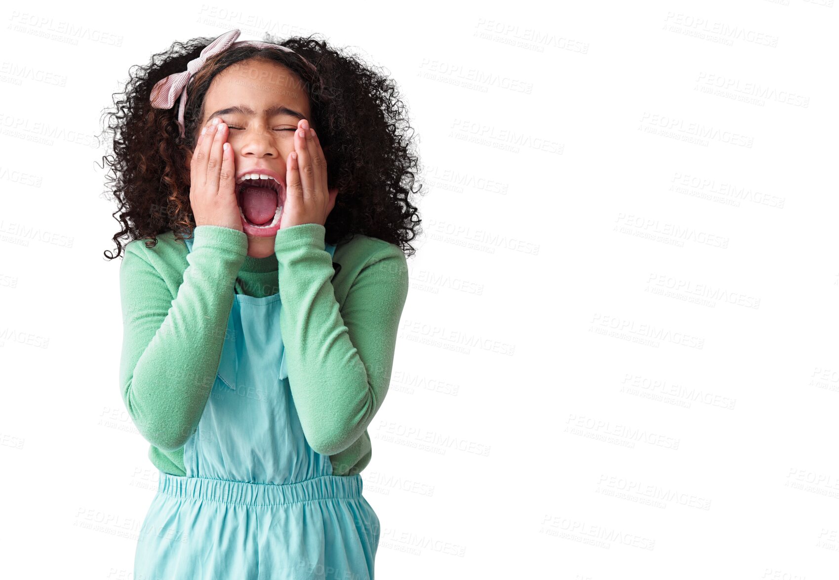 Buy stock photo Girl, surprise and secret with kid, scream and news isolated against a transparent background. Female child, toddler or model with png, shocked or yelling with facial expression, frustrated and emoji