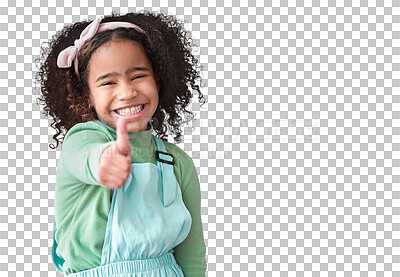 Buy stock photo Portrait, happy and kid with thumbs up for success isolated on a transparent png background. Face, smile and girl with like hand gesture for emoji, agreement and yes sign to thank you for excellence