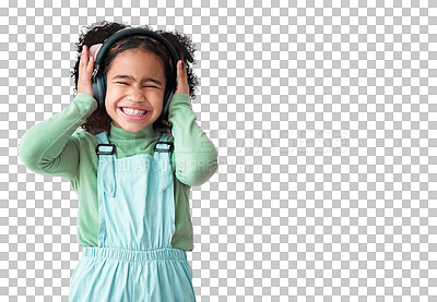 Buy stock photo Smile, music headphones and child with eyes closed isolated on a transparent png background. Radio, happy or excited African girl listening to sound, audio or podcast to dance with energy for freedom