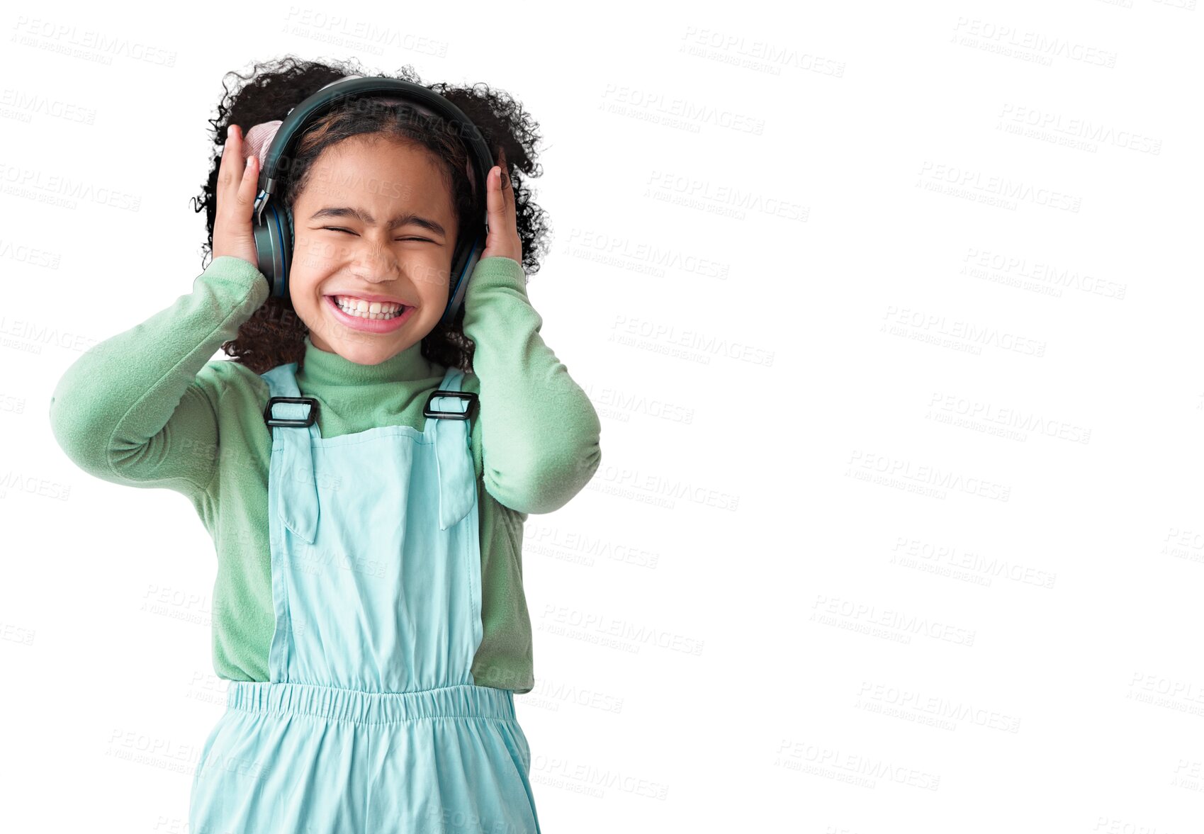 Buy stock photo Smile, music headphones and child with eyes closed isolated on a transparent png background. Radio, happy or excited African girl listening to sound, audio or podcast to dance with energy for freedom