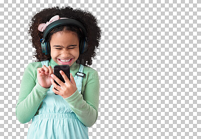 Buy stock photo Phone, music headphones and happy child typing isolated on a transparent png background. Radio, smartphone and excited girl smile, listen to sound or audio on podcast for social media or online app