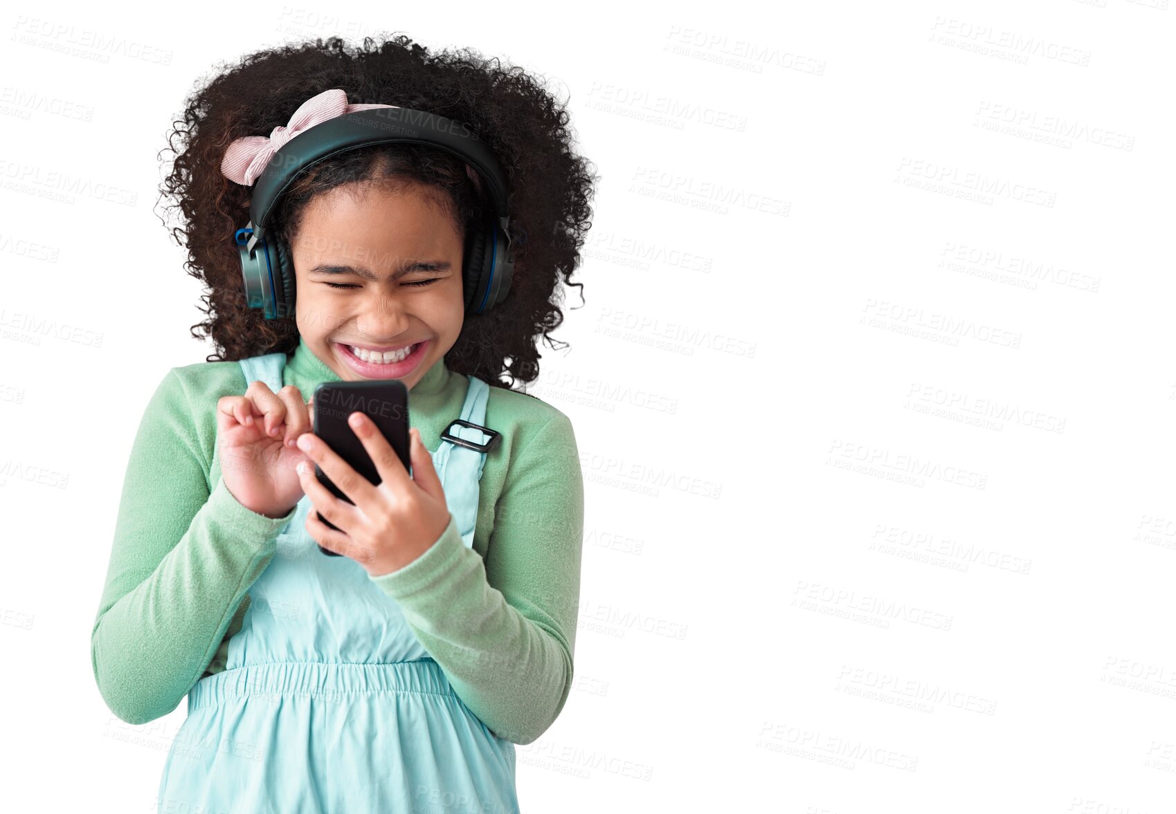 Buy stock photo Phone, music headphones and happy child typing isolated on a transparent png background. Radio, smartphone and excited girl smile, listen to sound or audio on podcast for social media or online app