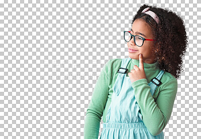 Buy stock photo Girl, thinking and kid with idea or glasses in png or transparent and isolated background. Thoughtful, child and youth or nerd with plan for solving problem with knowledge or geek with vision.