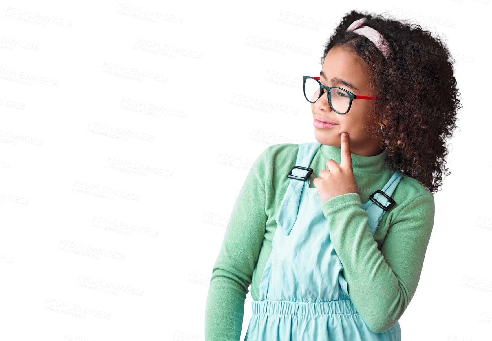 Buy stock photo Girl, thinking and kid with idea or glasses in png or transparent and isolated background. Thoughtful, child and youth or nerd with plan for solving problem with knowledge or geek with vision.