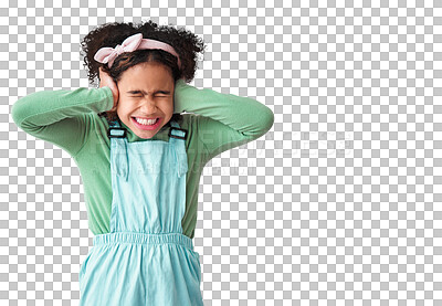 Buy stock photo Child, pain or hands on ears for noise on isolated, transparent and png background. African kid, autism and facial expression with anxiety, adhd or frustrated with bad news, earache or stress problem