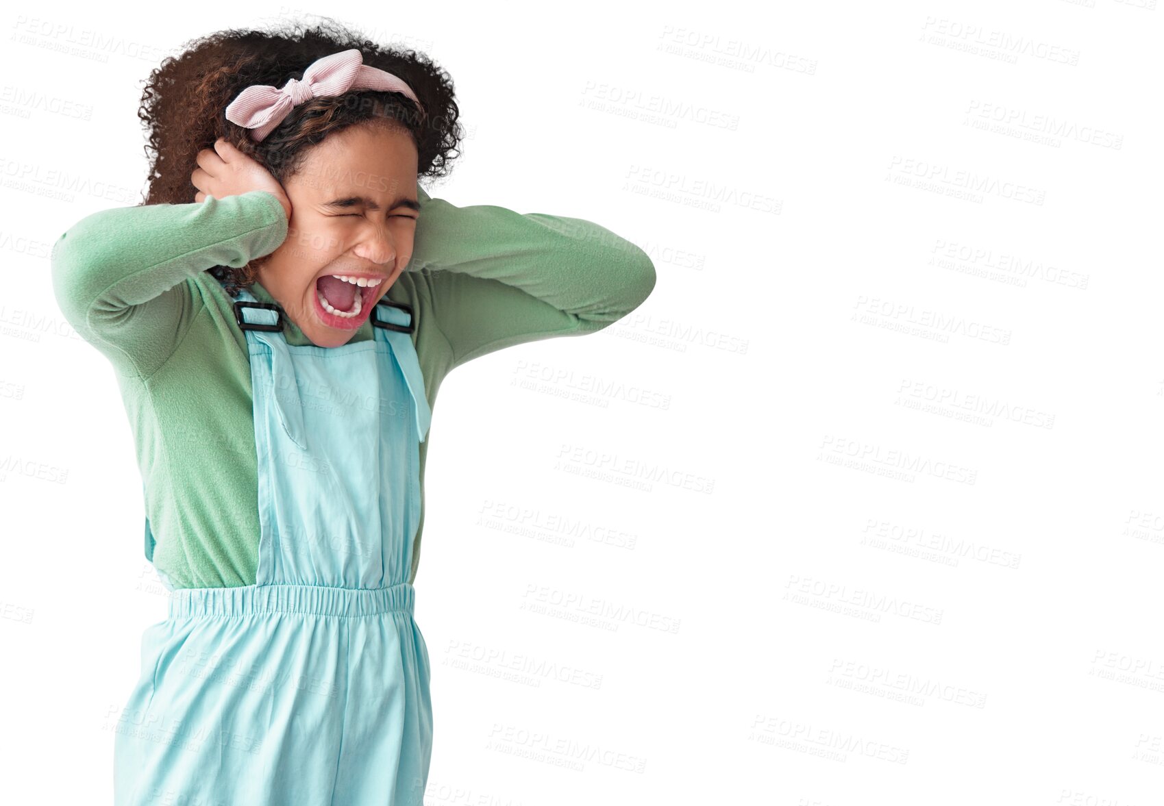 Buy stock photo Child, screaming or hands on ears for noise on isolated, transparent and png background. African girl, autism and shouting facial expression with anxiety, adhd or scared by bad news or stress problem