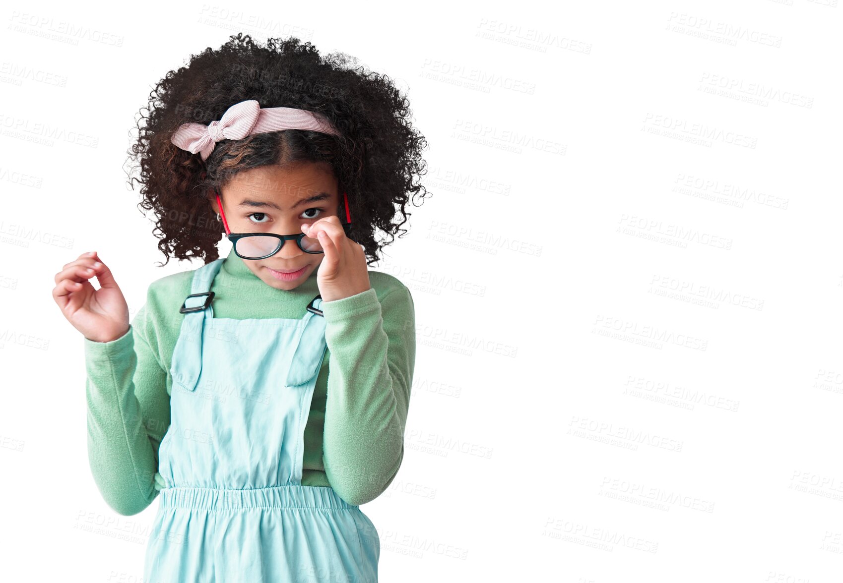 Buy stock photo Isolated girl child, portrait and glasses for vision, eyesight and fashion with looking by transparent png background. Young African kid, lens and frame with style, eye care and clothes for aesthetic