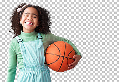 Buy stock photo Isolated, girl kid and basketball with portrait, smile and excited for exercise by transparent png background. African child, ball and happy for sports, training game and workout, health and wellness