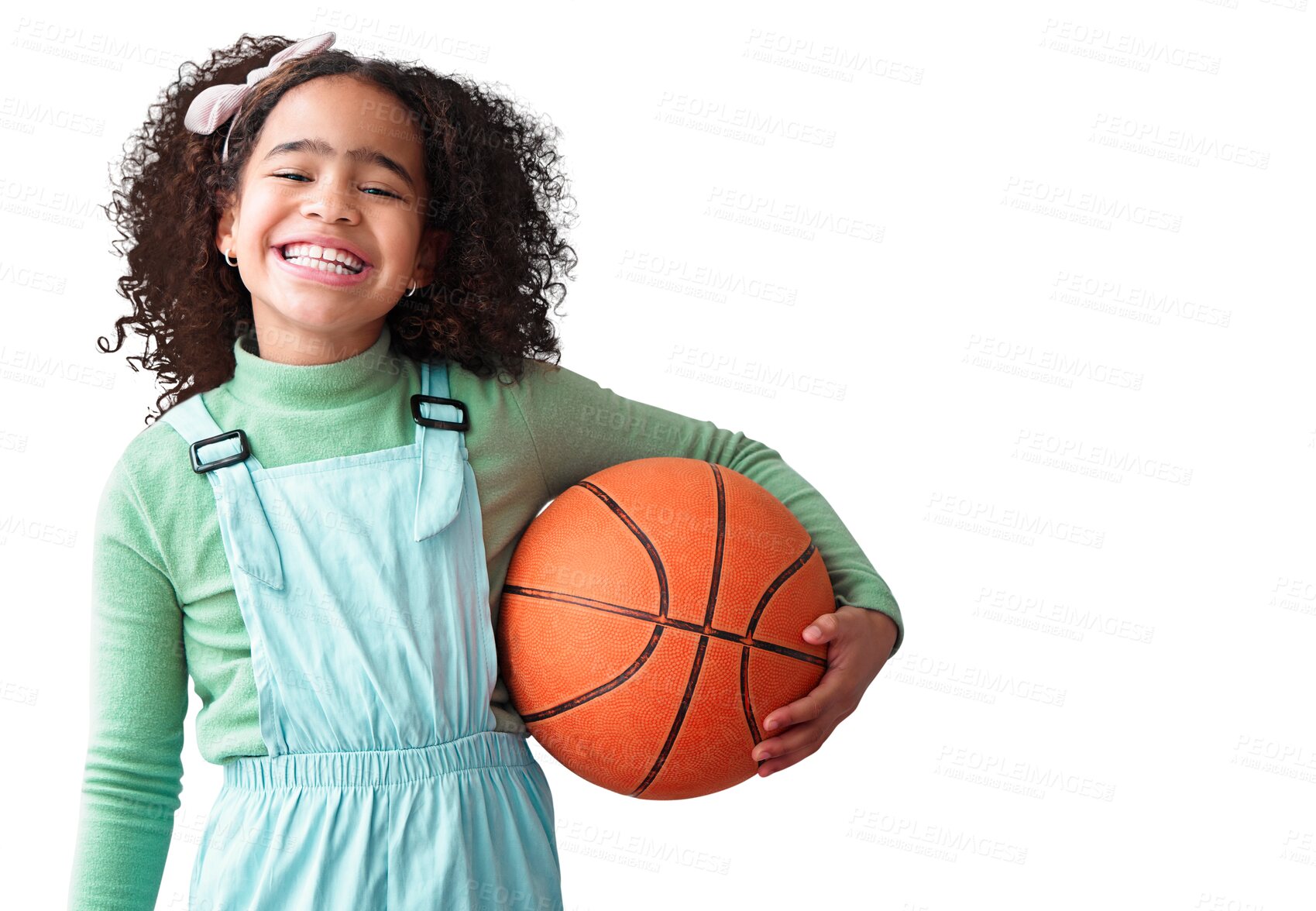 Buy stock photo Isolated, girl kid and basketball with portrait, smile and excited for exercise by transparent png background. African child, ball and happy for sports, training game and workout, health and wellness