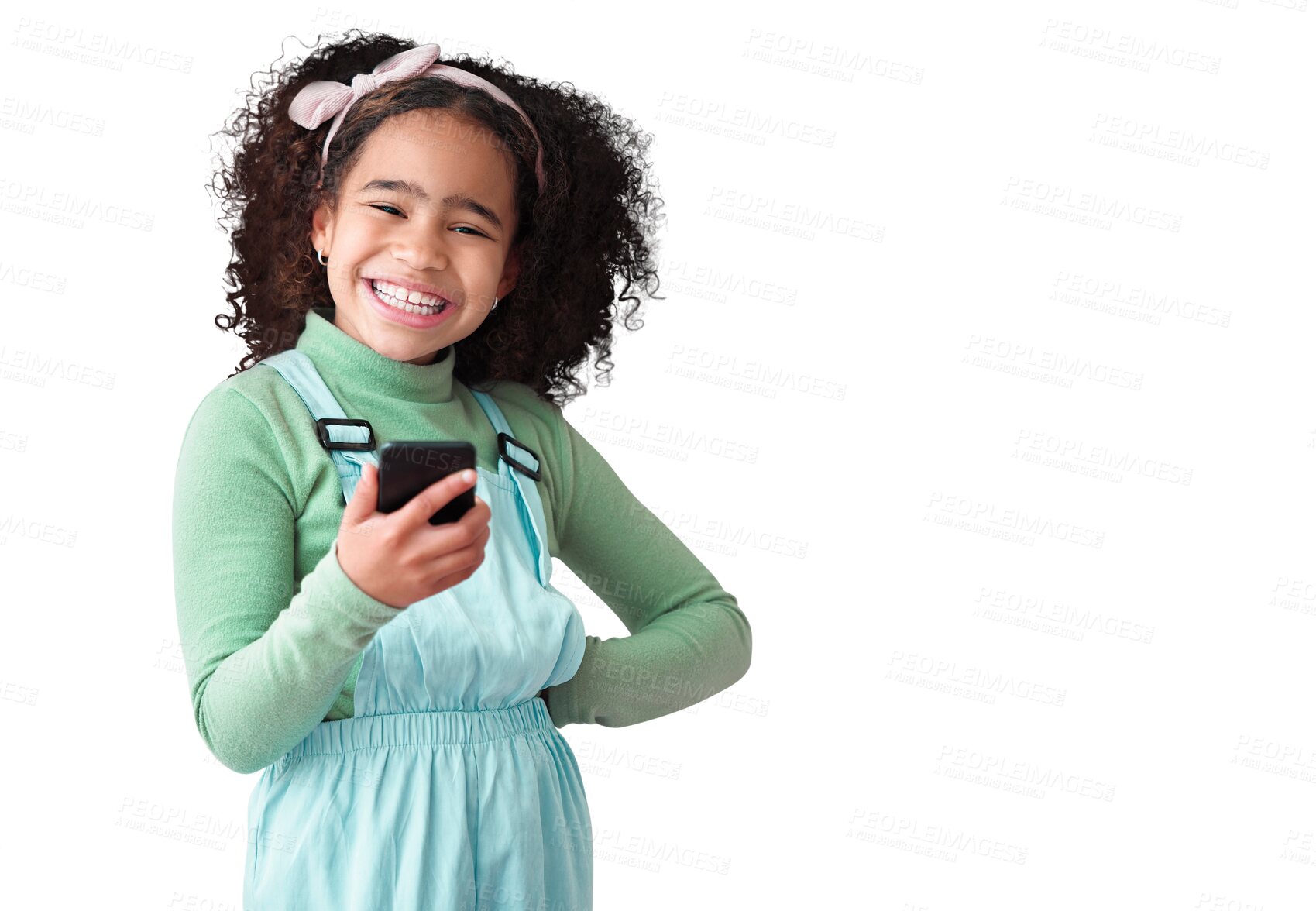 Buy stock photo Isolated girl child, phone and portrait with smile, online chat or social media app by transparent png background. Young African kid, smartphone and laugh at comic meme, video or blog with fashion