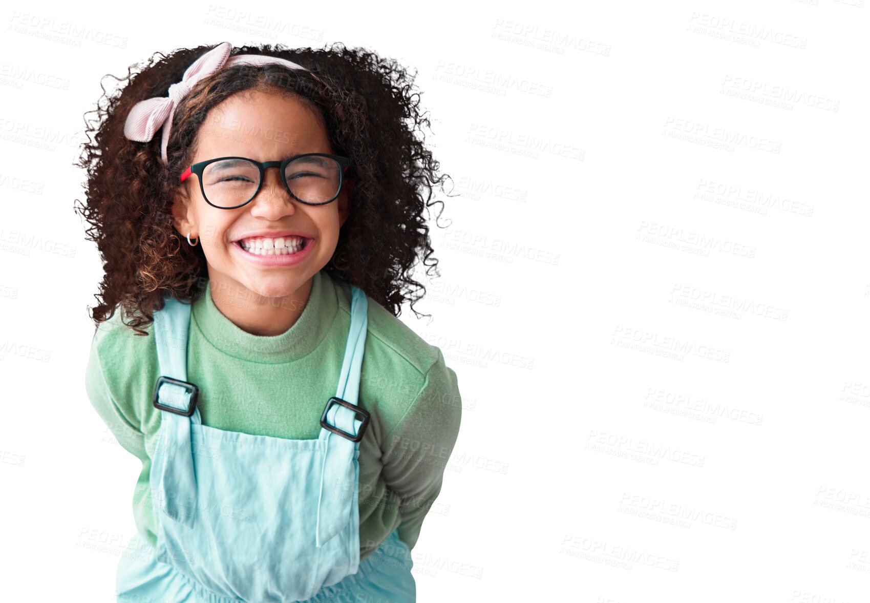 Buy stock photo Portrait, girl and kid with glasses or excited in png or isolated and transparent background. Nerd, child and positive with happiness youth or geek or fashion eye care for trend with cool style.