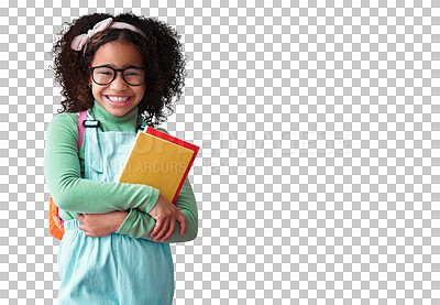 Buy stock photo Kid, smile and portrait of student with books for education, study or learning isolated on a transparent png background. Face, glasses or school girl, nerd or geek with notebook for reading knowledge