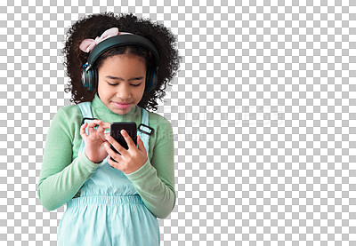 Buy stock photo Phone, music headphones and child typing isolated on a transparent png background. Radio, smartphone and African girl listening to sound, audio or online podcast on social media, web app and internet