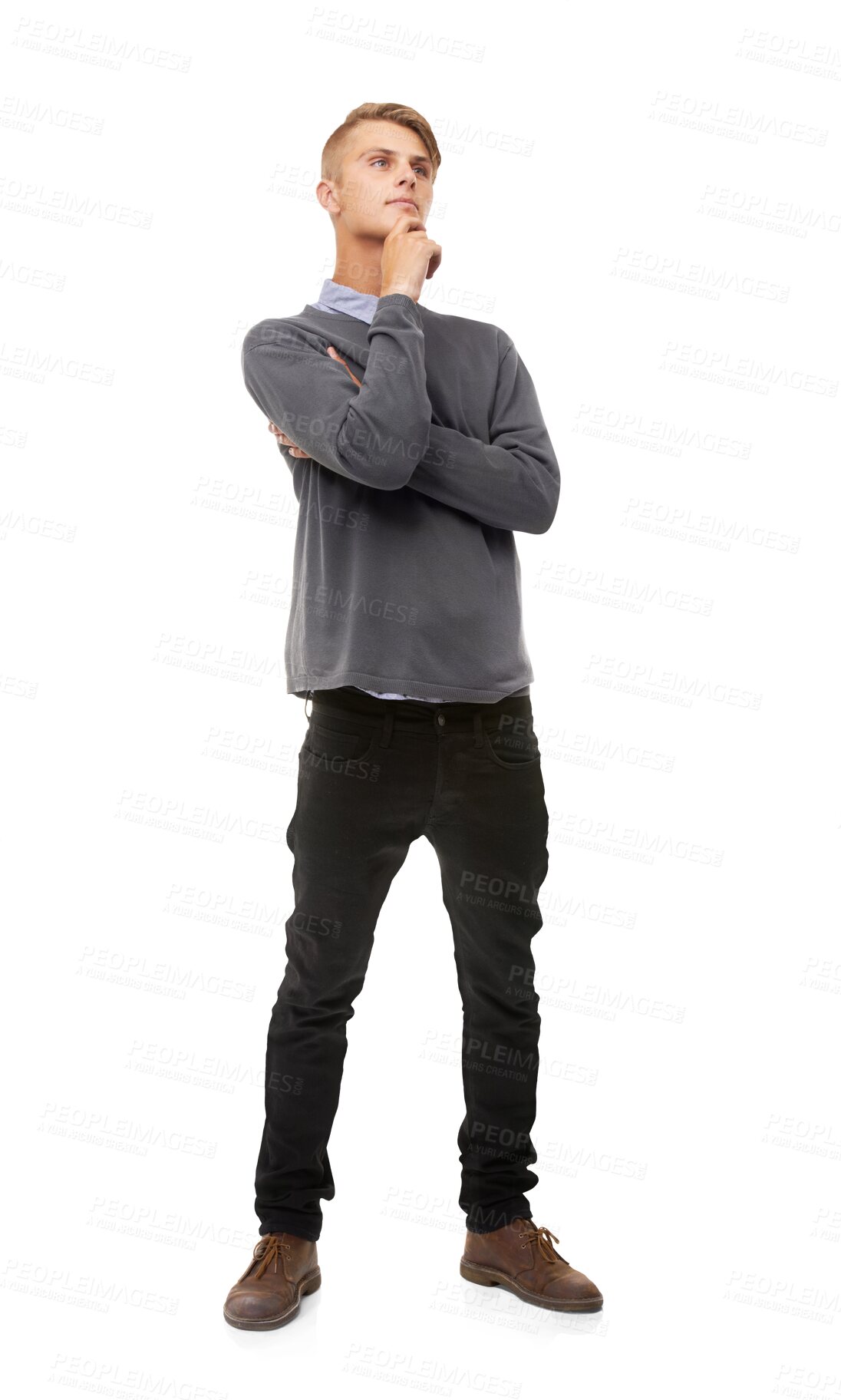 Buy stock photo Thinking, confused and man with idea, doubt and isolated on a transparent png background. Vision, serious and person planning, problem solving and solution for decision, choice and remember memory.