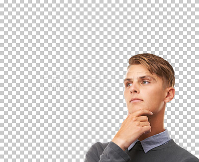 Buy stock photo Confused, thinking and man with doubt, decision and isolated on a transparent png background. Vision, serious and person planning, problem solving and solution for idea, choice and remember memory.