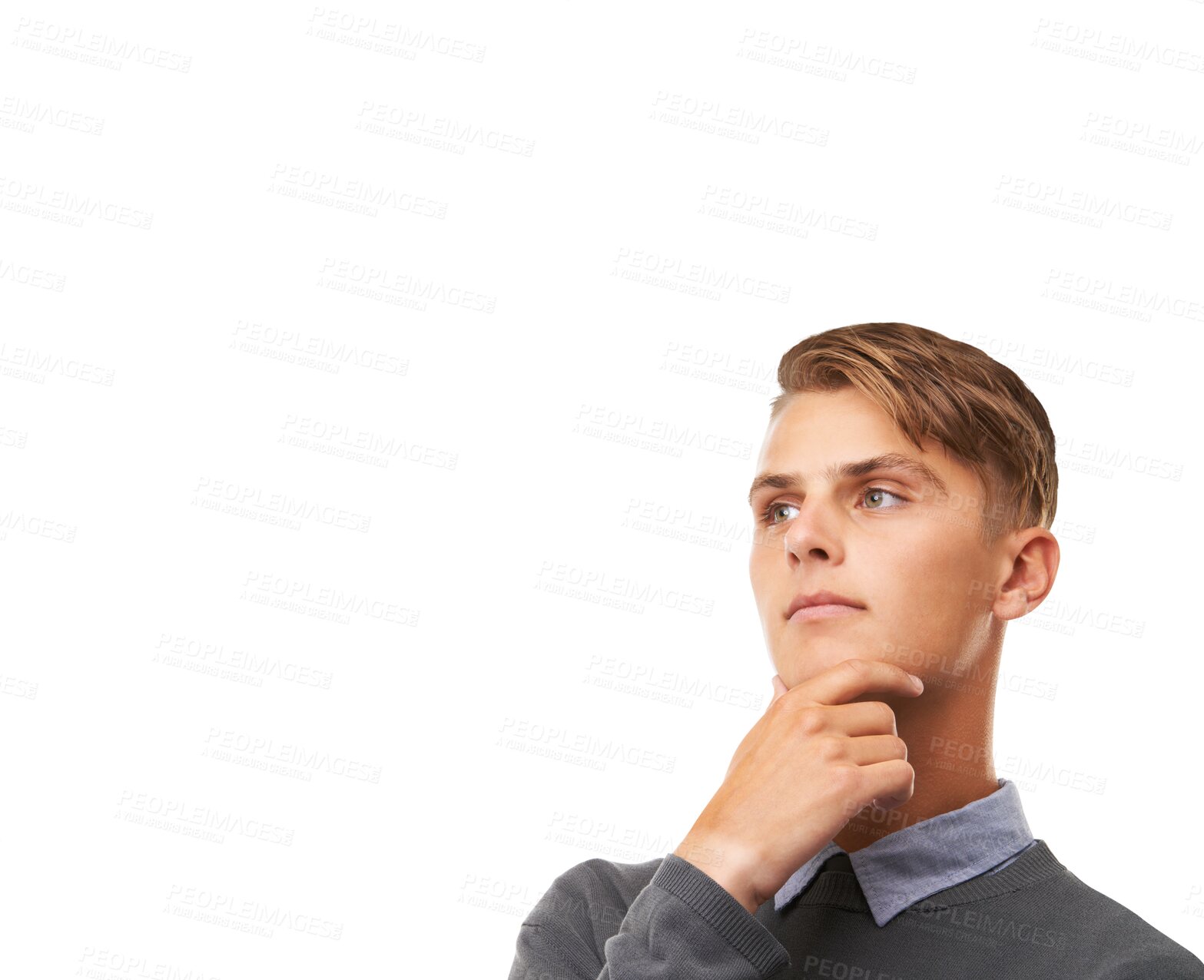 Buy stock photo Confused, thinking and man with doubt, decision and isolated on a transparent png background. Vision, serious and person planning, problem solving and solution for idea, choice and remember memory.