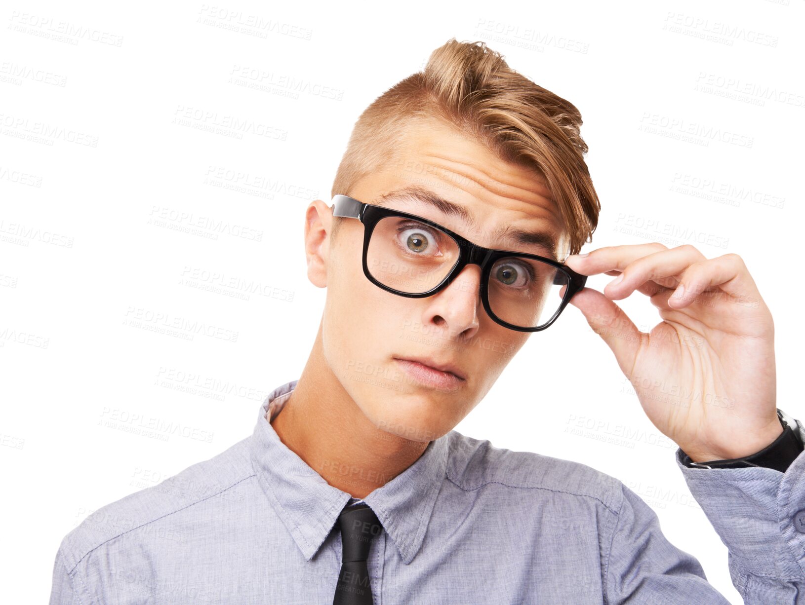 Buy stock photo Business man, wow and looking with glasses isolated on transparent png background for optometry surprise or frame choice. Face, check and professional person with eye care promotion, sale or shocked