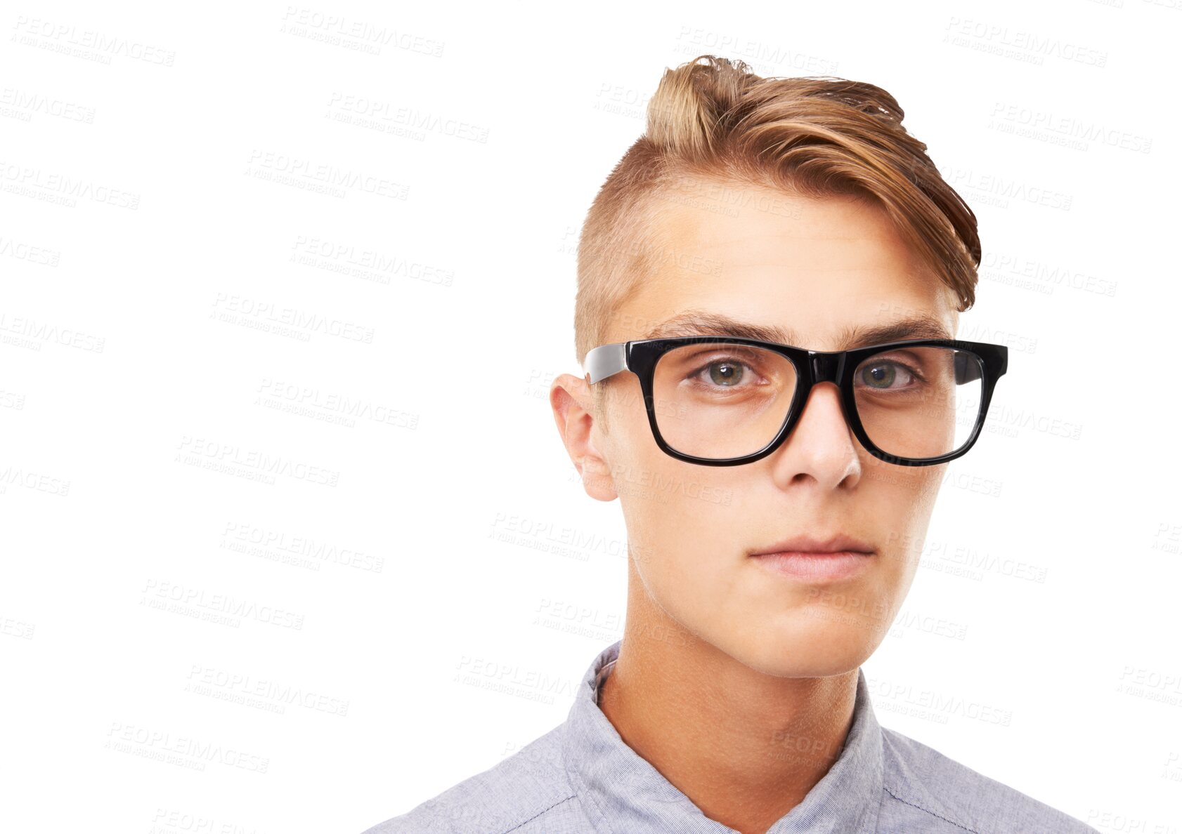 Buy stock photo Portrait, fashion and glasses with a nerd man isolated on a transparent background for vision or eyesight. Face, eyewear and style with a handsome young geek in prescription frame spectacles on PNG