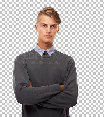 Buy stock photo Man, business intern and arms crossed with serious face, young professional isolated on transparent png background. Confidence, internship and male person, gen z youth standing in portrait with pride