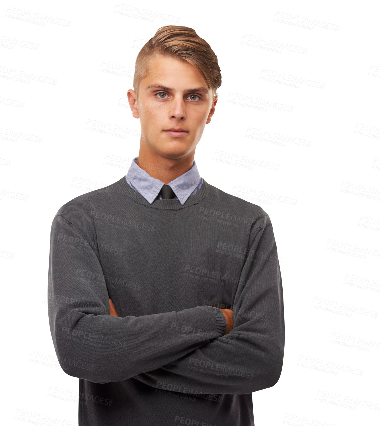 Buy stock photo Man, business intern and arms crossed with serious face, young professional isolated on transparent png background. Confidence, internship and male person, gen z youth standing in portrait with pride