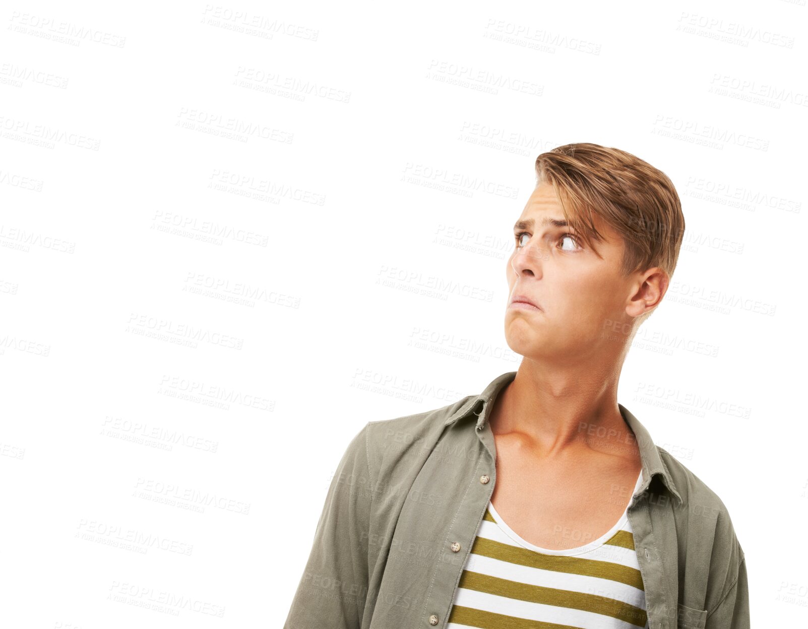 Buy stock photo Face, scared and confused man looking up with expression of worry, anxiety and doubt isolated on transparent png background. Male model with unsure reaction for surprise, fear and thinking of shock 