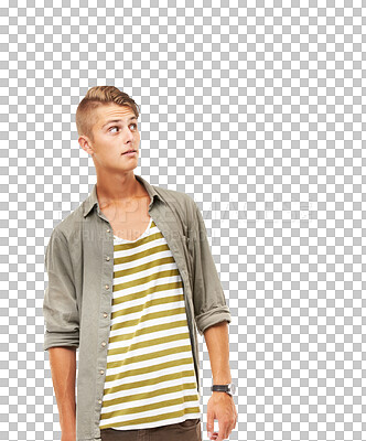 Buy stock photo Fashion, surprise or worry with a hipster man isolated on a transparent background looking nervous. Style, doubt and a confused young male person looking shocked or scared by information on PNG