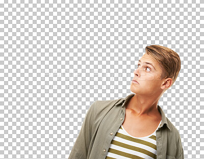 Buy stock photo Fashion, surprise or scared with a hipster man isolated on a transparent background looking nervous. Style, doubt and a confused young male person looking shocked or worried by information on PNG